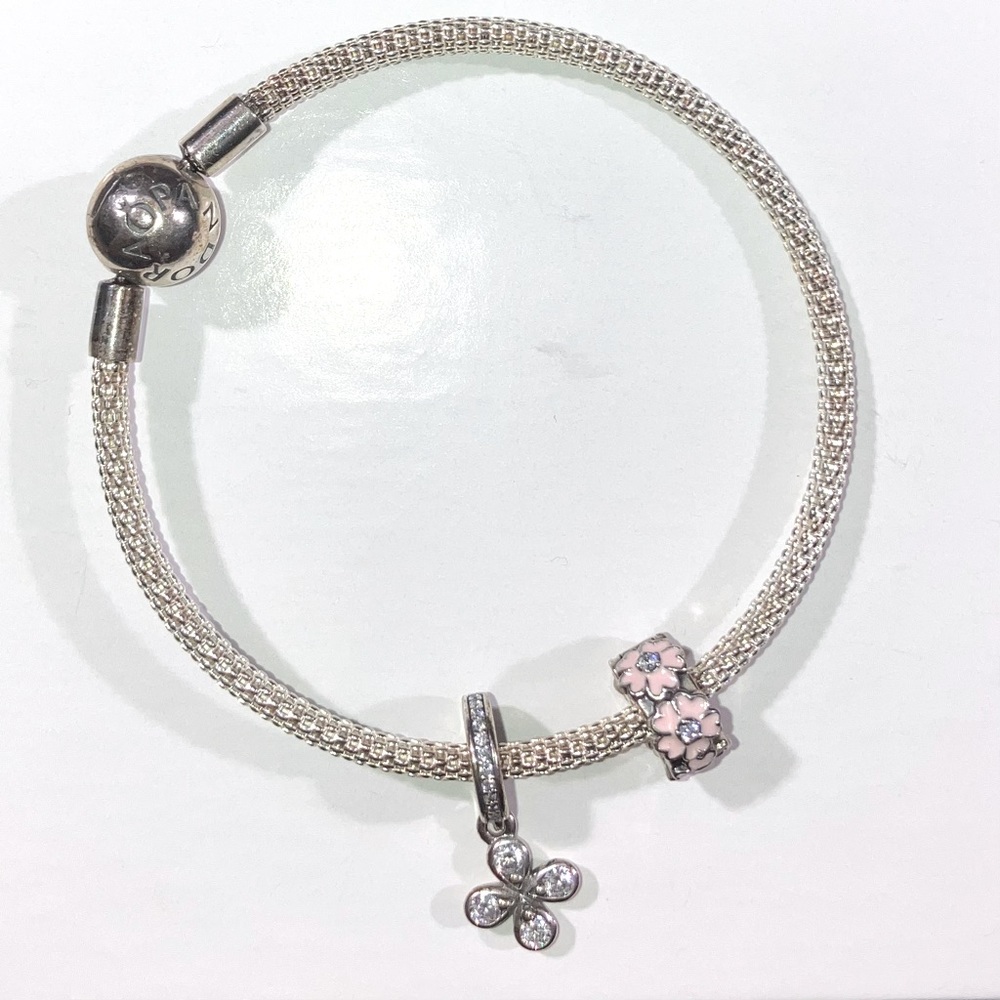Pandora Mesh Bracelet + Silver Flower Dangle Charm + Pink Primrose Charm